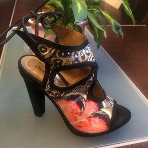 Floral Lace-Up High Heel Sandals in Black and Coral